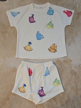 White Two-Piece Lounge Set with Disney Princesses Dress Prints
